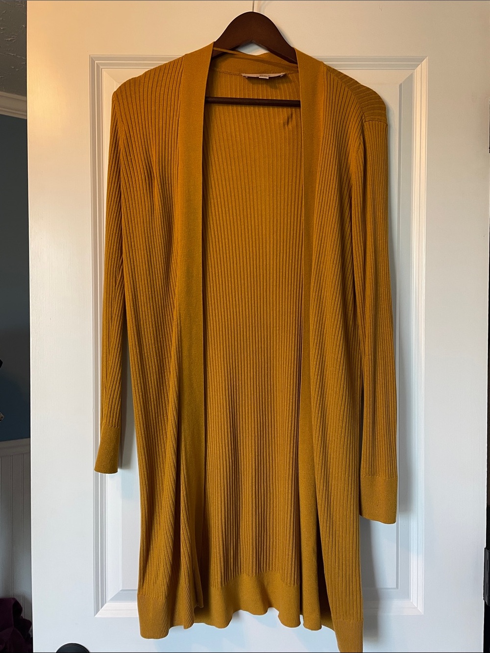 LOFT Long Ribbed Open-Front Cardigan in Mustard
